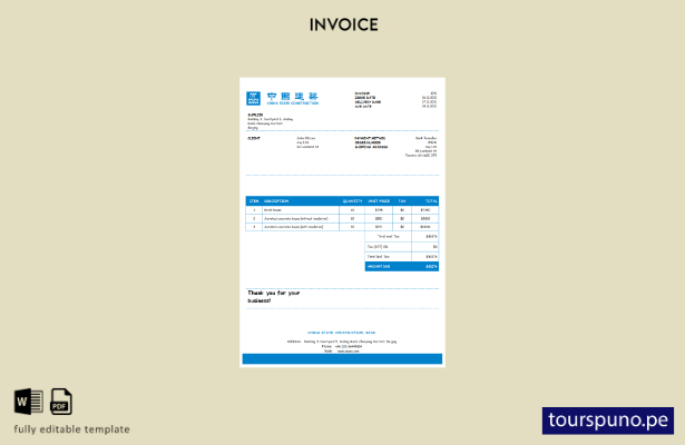 lista para imprimir plantilla de factura bancaria de construcción de EE. UU. Chi